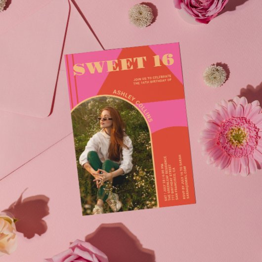Retro Arch Roze & Sinaasappel Foto Sweet 16 Verjaa Kaart