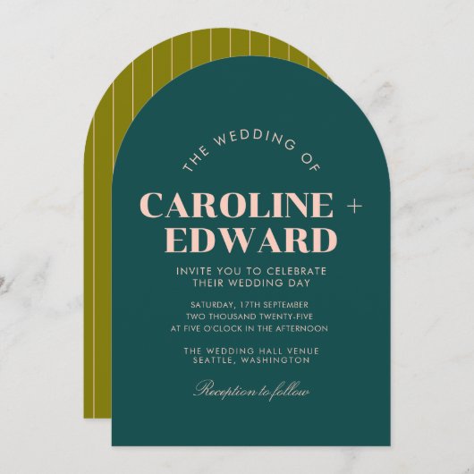 Retro Arched Gestreepte Huwelijksuitnodiging Kaart (Voorkant / Achterkant)