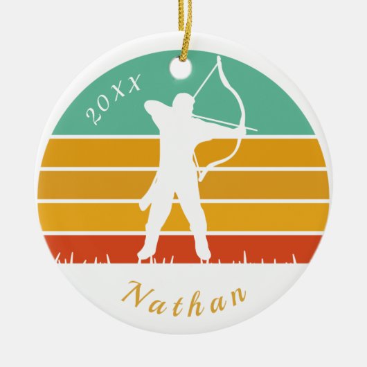Retro Archery Theme Bow Arrow Archers Name Dated  Keramisch Ornament (Voorkant)