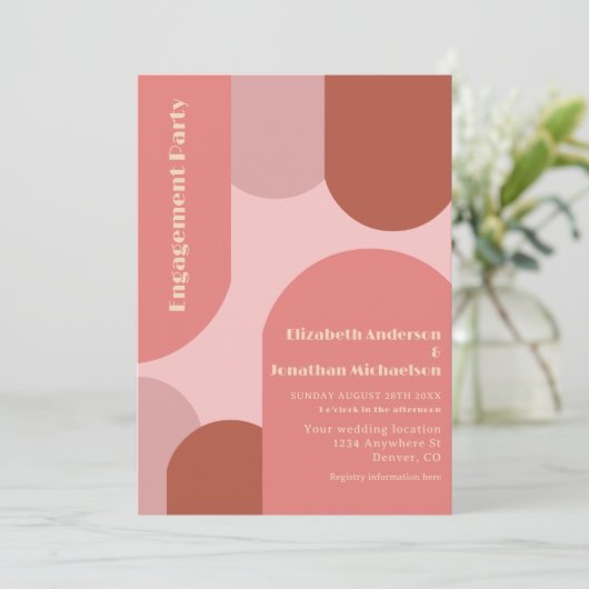 Retro Arches Coral Pink Engagement Party Kaart (Staand voorkant)