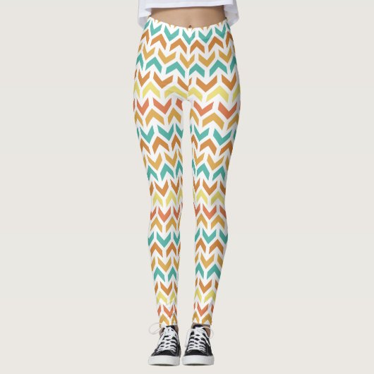 Retro Arrows Chevron Oranje Blauwgroen Gold Patter Leggings (Voorkant)