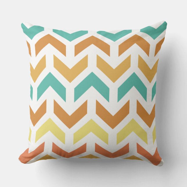 Retro Arrows Chevron Sinaasappel Blauwgroen Goud Kussen (Voorkant)
