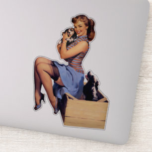 Retro Art Brunette Pin-up Girl met Puppies Dogs Sticker