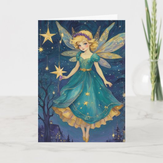 Retro Art Christmas Fairy Sterrennacht Kaart (Voorkant)