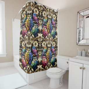 Retro Art Deco Art Nouveau Regenbogen Uilen Douchegordijn