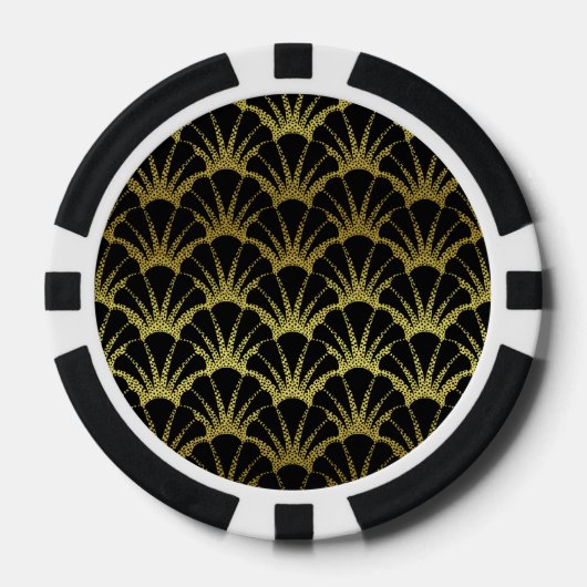Retro Art Deco Black / Gold Shell Scale Patroon Poker Chips (Voorkant)