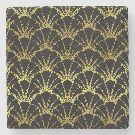 Retro Art Deco Black / Gold Shell Scale Patroon Stenen Onderzetter (Voorkant)