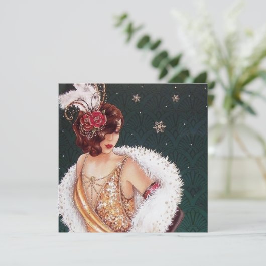 retro  art deco dame bericht toevoegen Vakantie Feestdagenkaart (Staand voorkant)