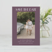 Retro Art Deco Dark Dusty Paars Photo Wedding Save The Date (Staand voorkant)