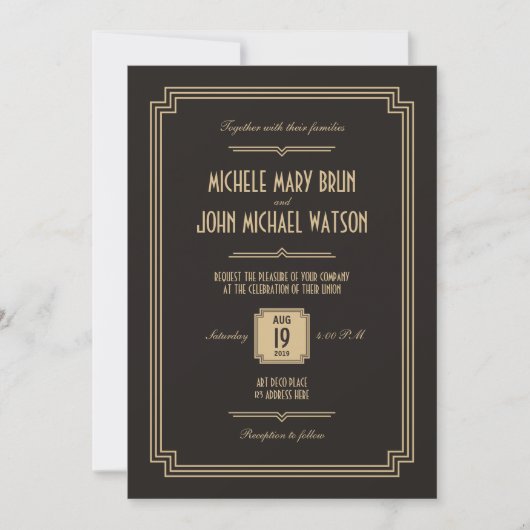 Retro Art Deco Dark Wedding Invitation Kaart (Voorkant)