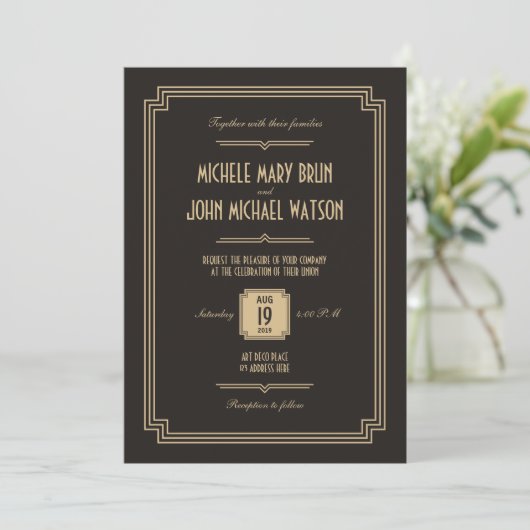 Retro Art Deco Dark Wedding Invitation Kaart (Staand voorkant)