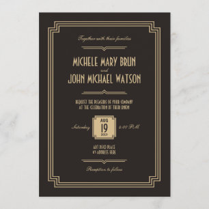 Retro Art Deco Dark Wedding Invitation Kaart
