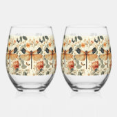 Retro Art Deco Dragonfly, roze rozen Wijnglas Zonder Voet (Achterkant)