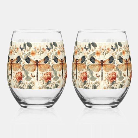 Retro Art Deco Dragonfly, roze rozen Wijnglas Zonder Voet (Achterkant)