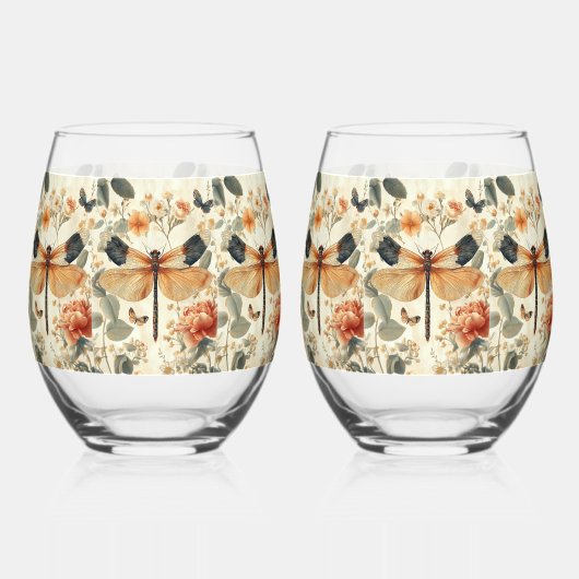 Retro Art Deco Dragonfly, roze rozen Wijnglas Zonder Voet (Voorkant)
