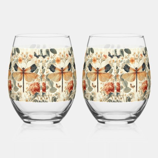 Retro Art Deco Dragonfly, roze rozen Wijnglas Zonder Voet (Links)