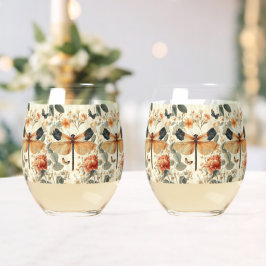 Retro Art Deco Dragonfly, roze rozen Wijnglas Zonder Voet