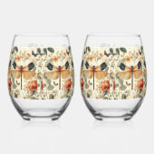 Retro Art Deco Dragonfly, roze rozen Wijnglas Zonder Voet (Rechts)