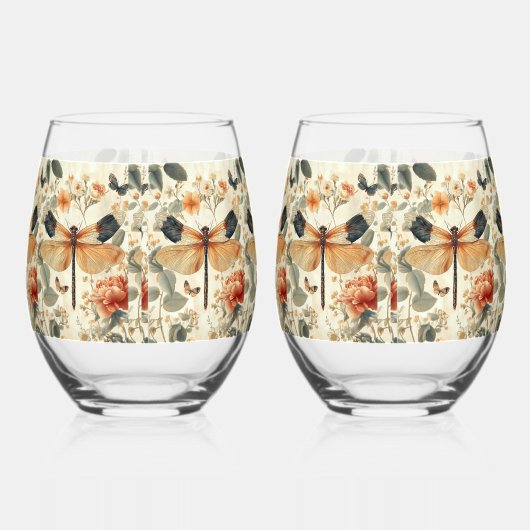 Retro Art Deco Dragonfly, roze rozen Wijnglas Zonder Voet (Rechts)