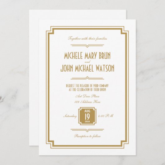 Retro Art Deco Gold Colour White Weduwuitnodiging Kaart (Voorkant / Achterkant)