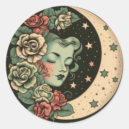 Retro Art Deco Groene Halve Maan Lady Ronde Sticker
