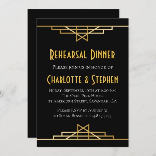 Retro Art Deco Grote Gatsby Goud & Zwart Bruiloft Kaart (Voorkant / Achterkant)