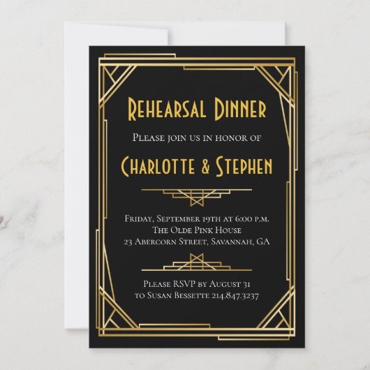 Retro Art Deco Grote Gatsby Goud & Zwart Bruiloft Kaart (Voorkant)