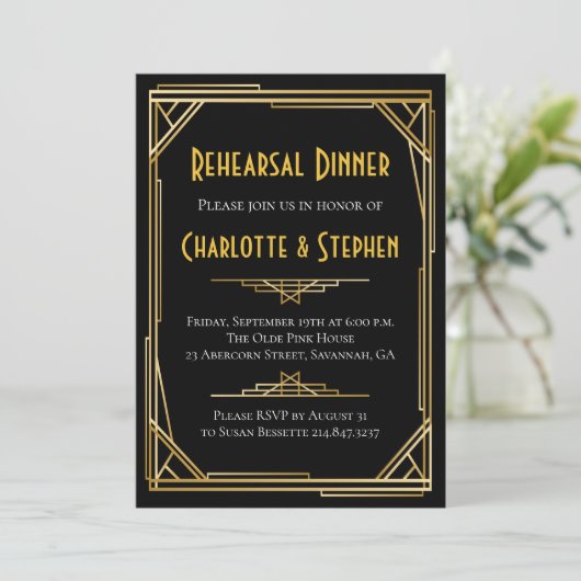 Retro Art Deco Grote Gatsby Goud & Zwart Bruiloft Kaart (Staand voorkant)