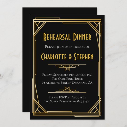 Retro Art Deco Grote Gatsby Goud & Zwart Bruiloft Kaart (Voorkant / Achterkant)