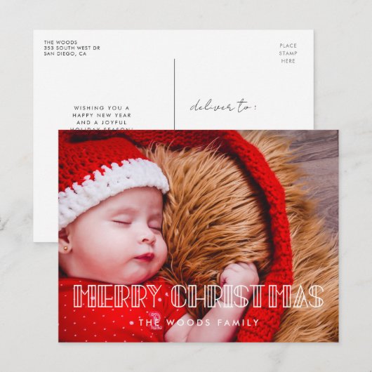 Retro art deco Merry kerstfoto Briefkaart (Voorkant / Achterkant)