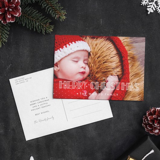 Retro art deco Merry kerstfoto Feestdagenkaart