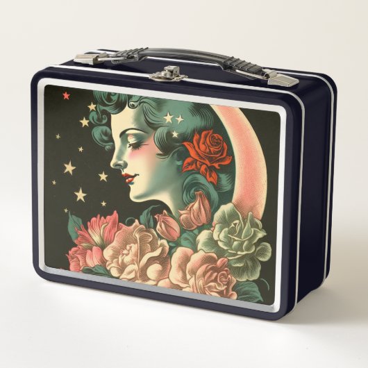 Retro Art Deco Moon Lady & Bloemen (Voorkant)