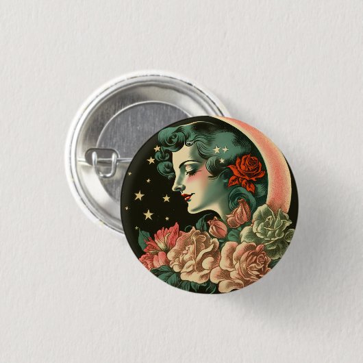 Retro Art Deco Moon Lady & Bloemen Ronde Button 3,2 Cm (Voorkant /achterkant)
