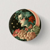 Retro Art Deco Moon Lady & Bloemen Ronde Button 3,2 Cm (Voorkant)