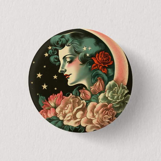 Retro Art Deco Moon Lady & Bloemen Ronde Button 3,2 Cm (Voorkant)