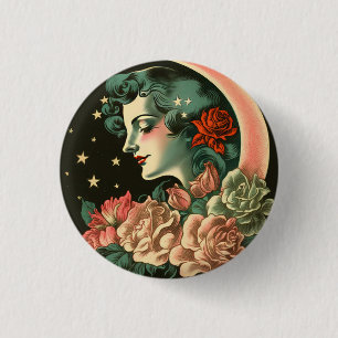 Retro Art Deco Moon Lady & Bloemen Ronde Button 3,2 Cm