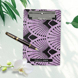 Retro Art Deco Paarse Zwart Wit Pauw Patroon Mini Klembord