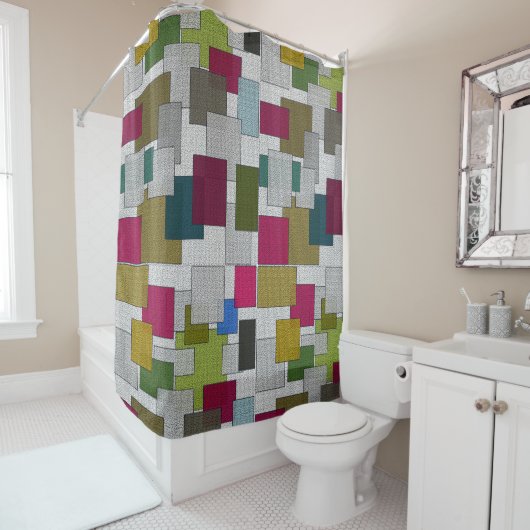 Retro Art Deco Patroon Paarse blauw grijs Douchegordijn (In situ)