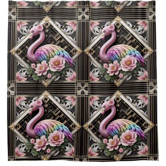 Retro Art Deco Pink Flamingos Douchegordijn (Voorkant)