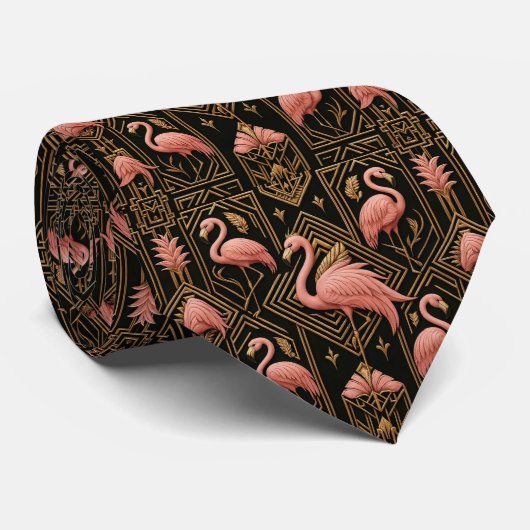 Retro Art Deco Pink Flamingos Stropdas (Opgerold)