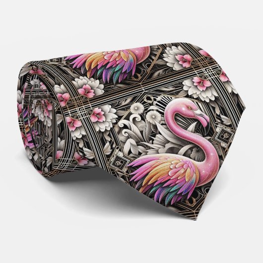 Retro Art Deco Pink Flamingos Stropdas (Opgerold)