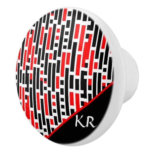 Retro Art Deco Red Black Monogram Abstract patroon Keramische Knop (Rechts)