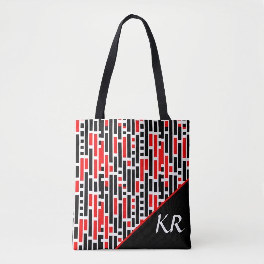 Retro Art Deco Red Black Monogram Abstract patroon Tote Bag (Voorkant)