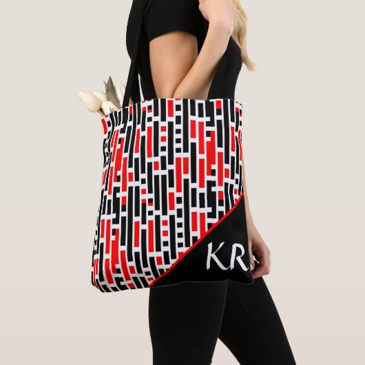Retro Art Deco Red Black Monogram Abstract patroon Tote Bag (Dichtbij)