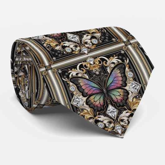 Retro Art Deco Regenboog Vlinder Nouveau Stropdas (Opgerold)