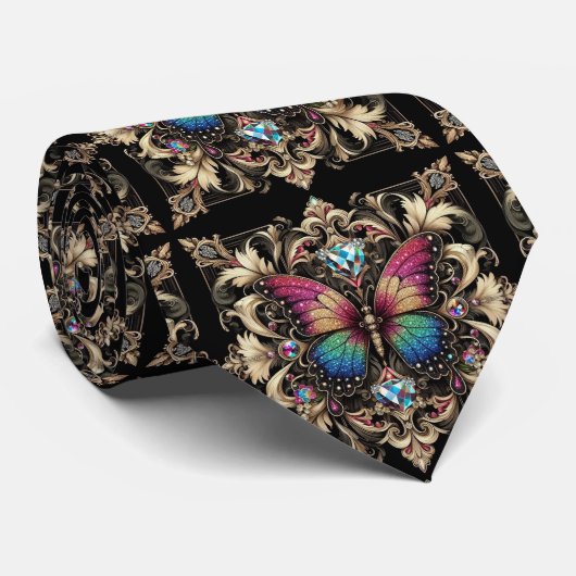 Retro Art Deco Regenboog Vlinder Nouveau Stropdas (Opgerold)
