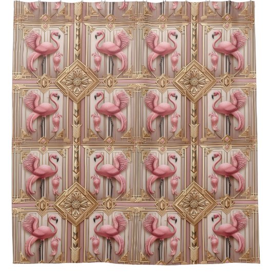 Retro Art Deco Roze Flamingo's Douchegordijn (Voorkant)