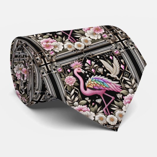 Retro Art Deco Roze Flamingo's Stropdas (Opgerold)