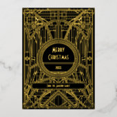 Retro Art Deco Vrolijk Kerstfeest Zwart en Goud Folie Feestdagenkaart (Voorkant)