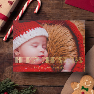 Retro Art Deco Vrolijke Kerstfoto Goud Folie Feestdagenkaart